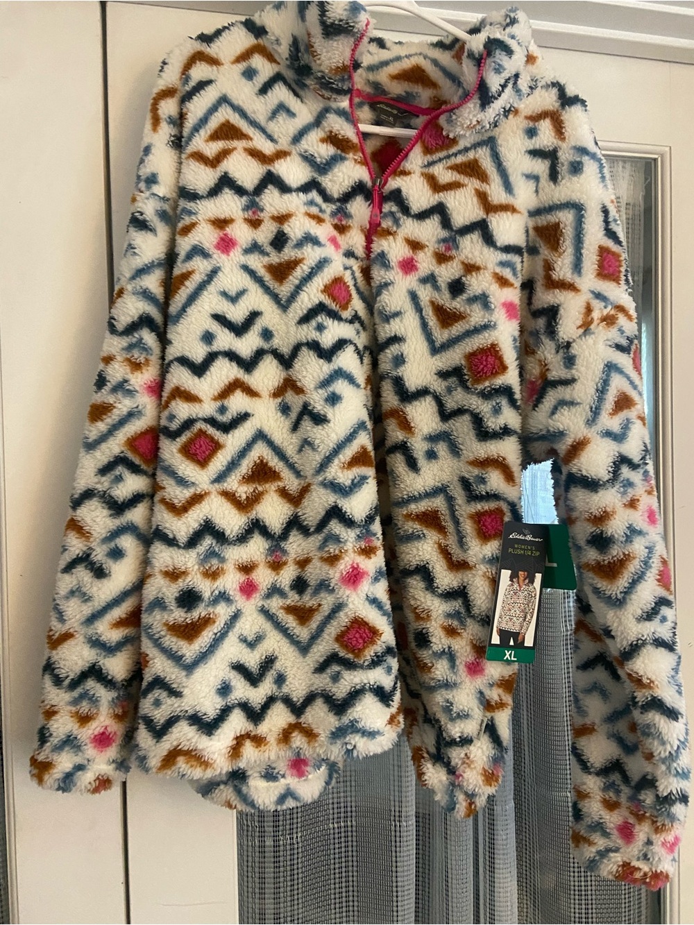 Eddie Bauer Cream Sherpa Jacket with Blue, Brown & Pink Pattern